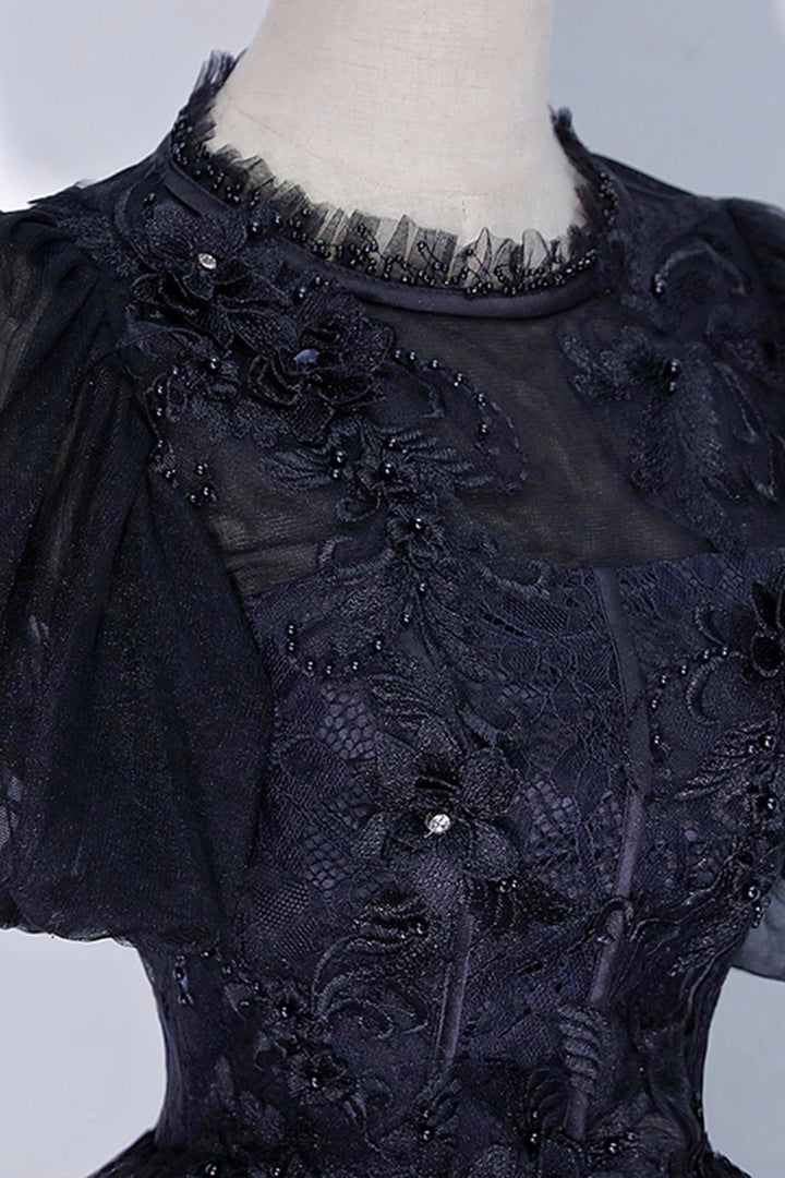 Luolandi Black Tulle Lace Long A-Line Prom Dress A-Line Short Sleeve Evening Gown Floor Length