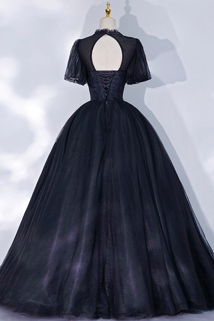 Luolandi Black Tulle Lace Long A-Line Prom Dress A-Line Short Sleeve Evening Gown Floor Length