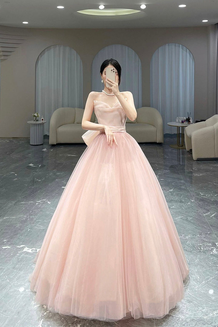 Luolandi Pink Tulle Long A-Line Prom Dress Lovely Pink Strapless Evening Dress Beautiful