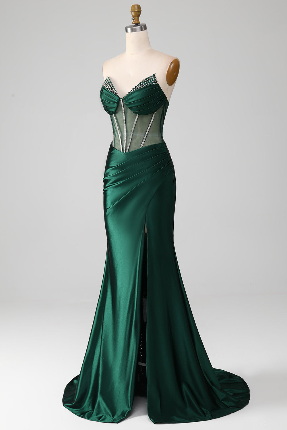 Luolandi Dark Green Mermaid Strapless Corset Pleated Long Prom Dress With Slit Sexy Evening Dresses