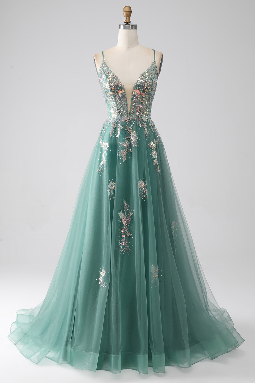 Luolandi Sparkly Green A-Line Spaghetti Straps Long Prom Dress With Sequin Appliques Sexy