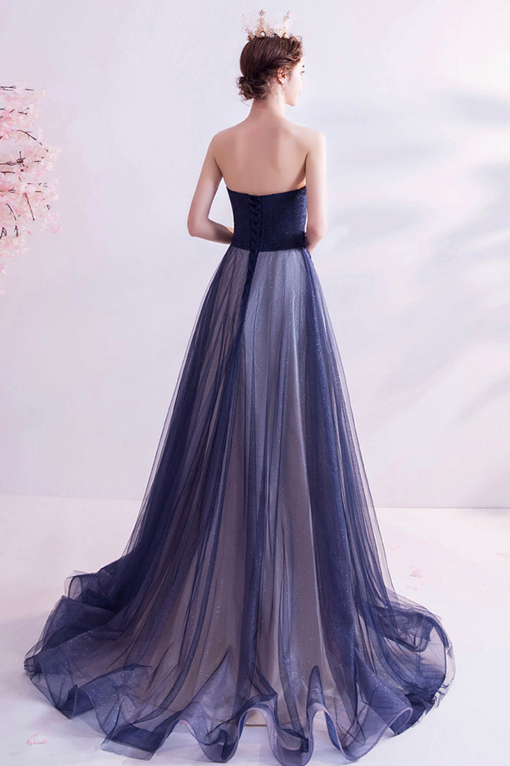 Luolandi Blue Strapless Tulle Long Prom Dresses A-Line Evening Dresses Off Shoulder