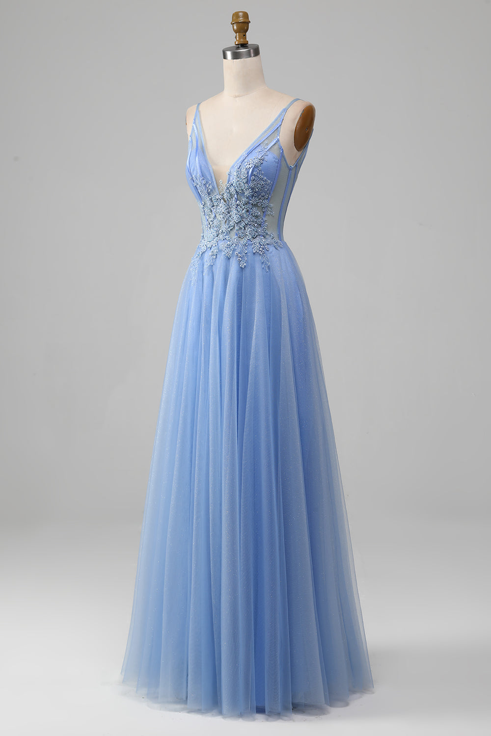 Luolandi Light Blue A-Line V Neck Tulle Long Prom Dress With Appliques Beautiful