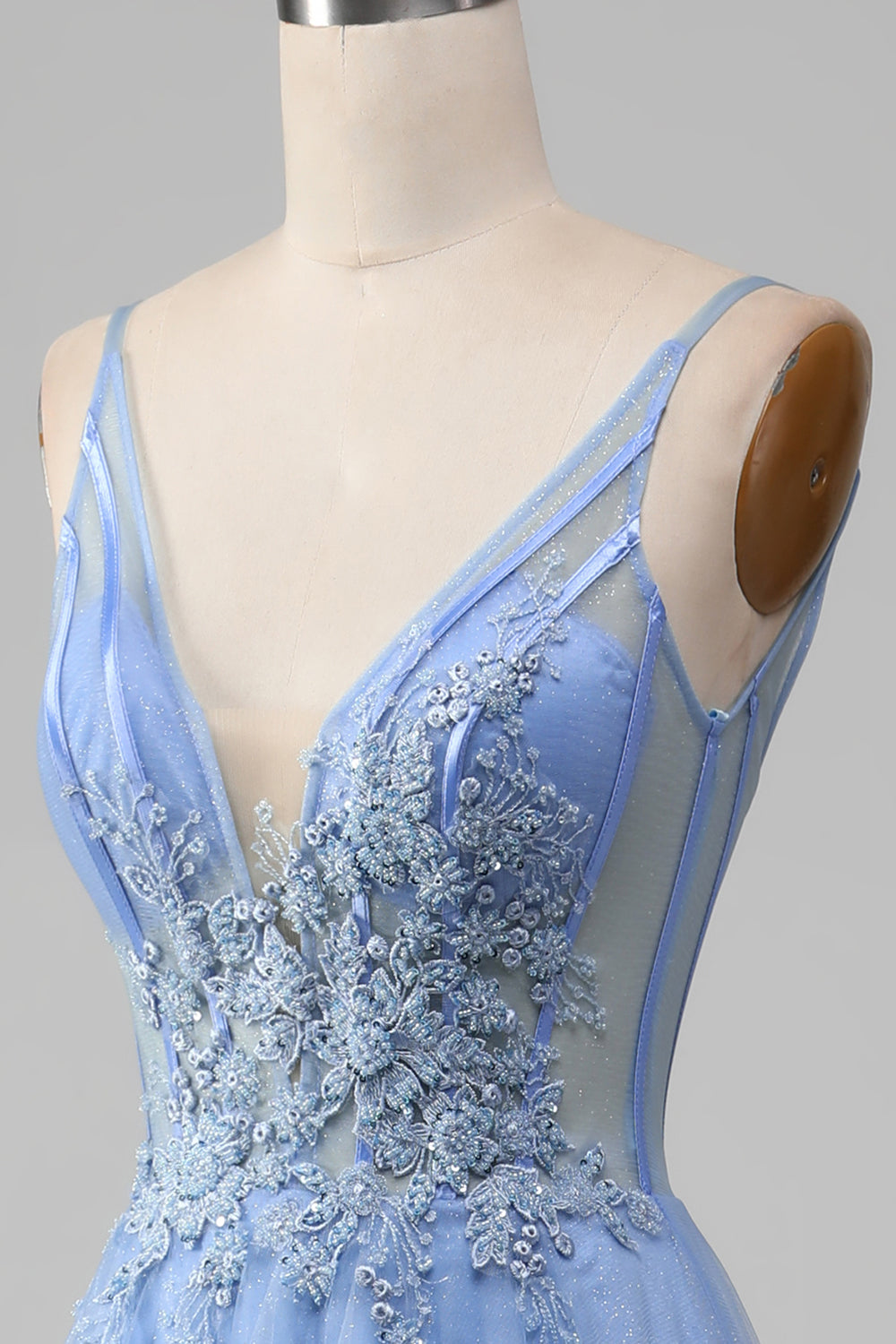 Luolandi Light Blue A-Line V Neck Tulle Long Prom Dress With Appliques Beautiful