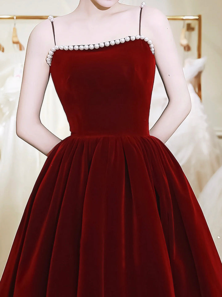 Luolandi Burgundy Spaghetti Strap Velvet Tea Length Prom Dress with Pearls Party Dress