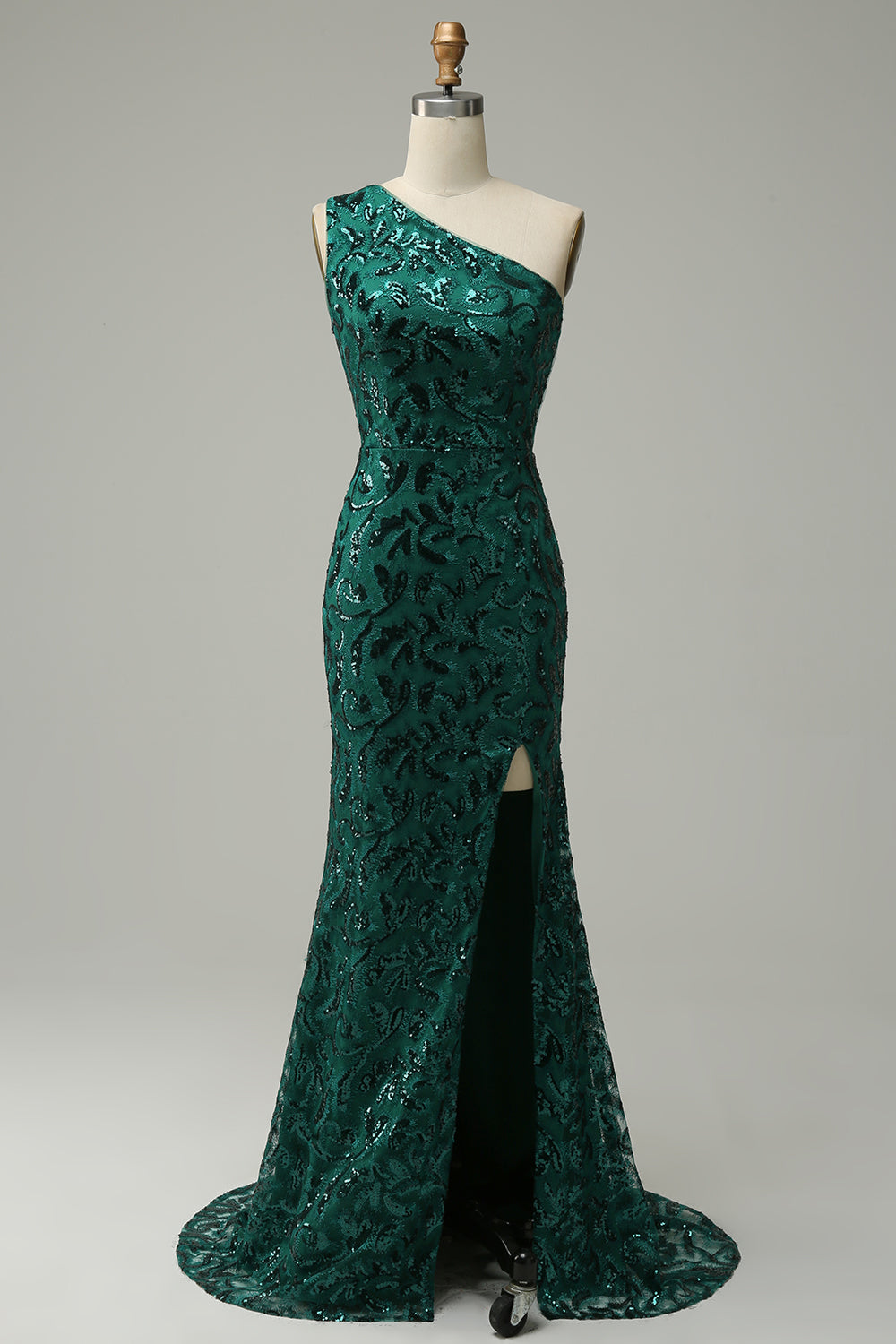 Luolandi Dark Green Mermaid One Shoulder Sequins Long Prom Dress with Split Front Sexy Evening Dresses