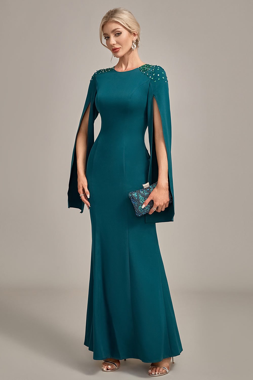 Luolandi Glitter Mermaid Round Neck Mother of the Bride Dress With Long Sleeves Floor Length