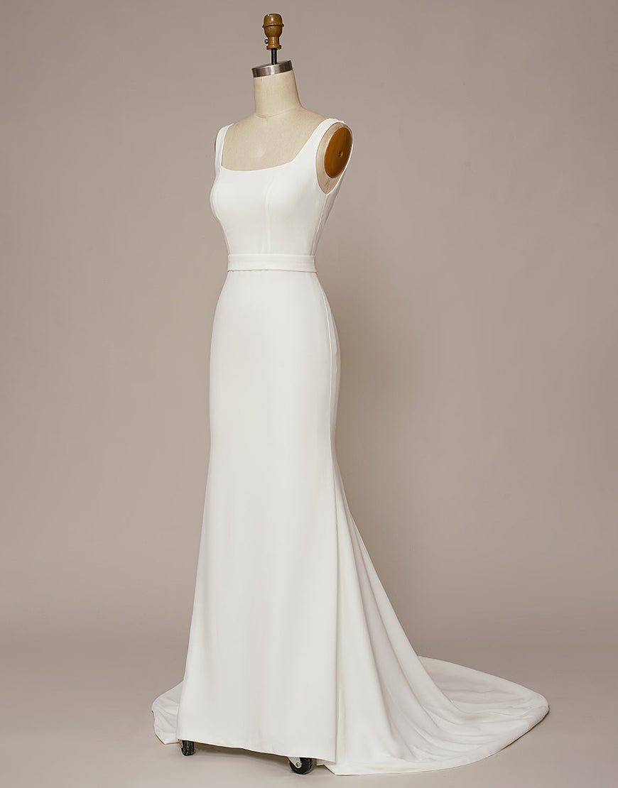 Luolandi Square Neck Backless Wedding Dress Open Back Floor Length Pure Color