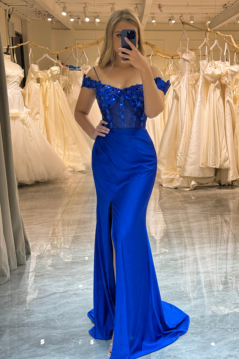 Luolandi Royal Blue Mermaid Off The Shoulder Sparkly Sequins Prom Dress With Slit Sexy Evening Dresses