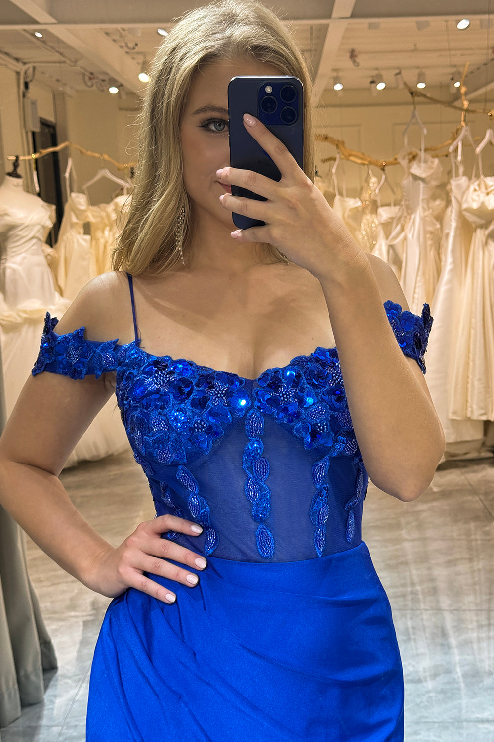 Luolandi Royal Blue Mermaid Off The Shoulder Sparkly Sequins Prom Dress With Slit Sexy Evening Dresses