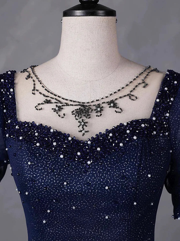 Luolandi Navy Blue Tulle Beading Long Party Dress Scoop NecklineShort Sleeve Evening Dress