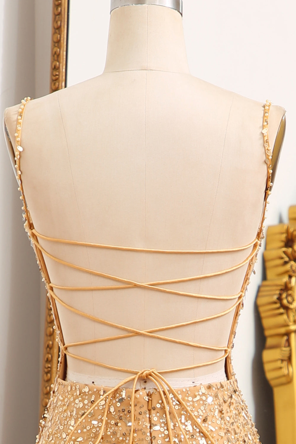 Luolandi Golden Mermaid Spaghetti Straps Sparkly Sequin Prom Dress With Slit Sexy Evening Dresses