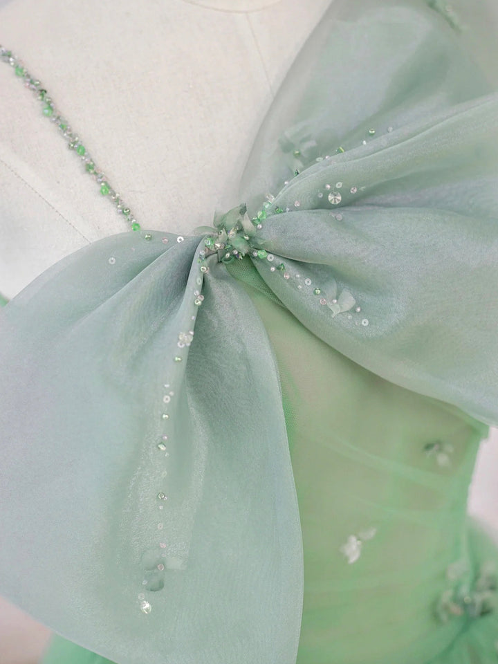 Luolandi Green Tulle Short Prom Dress A-Line Evening Dress with Bow Party Dress
