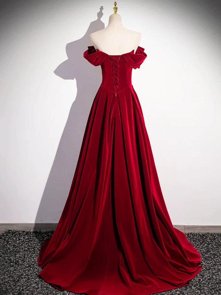 Luolandi Burgundy Velvet Sequins Long Prom Dress Elegant Off the Shoulder A-Line Formal Dress Sexy