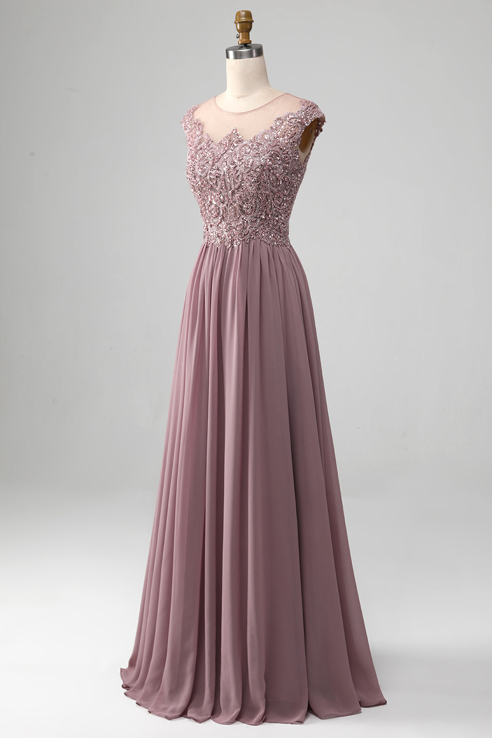 Luolandi Dress Elegant A-Line Round Neck Pleated Long Prom Dress With Beading Floor Length