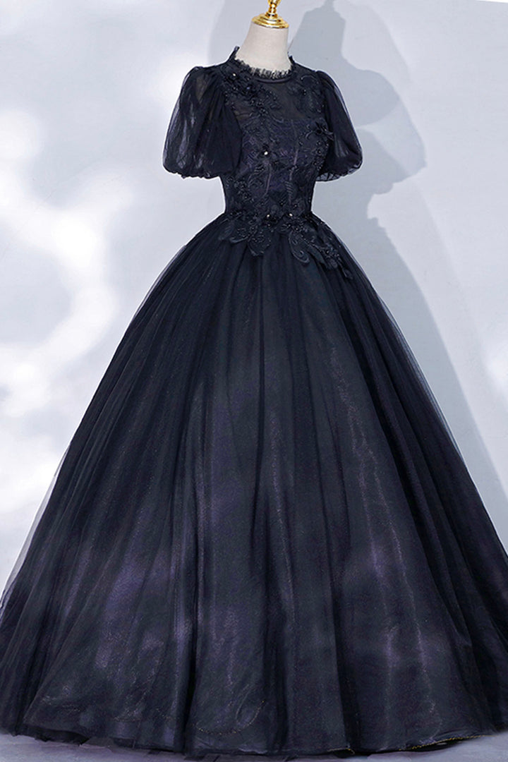 Luolandi Black Tulle Lace Long A-Line Prom Dress A-Line Short Sleeve Evening Gown Floor Length