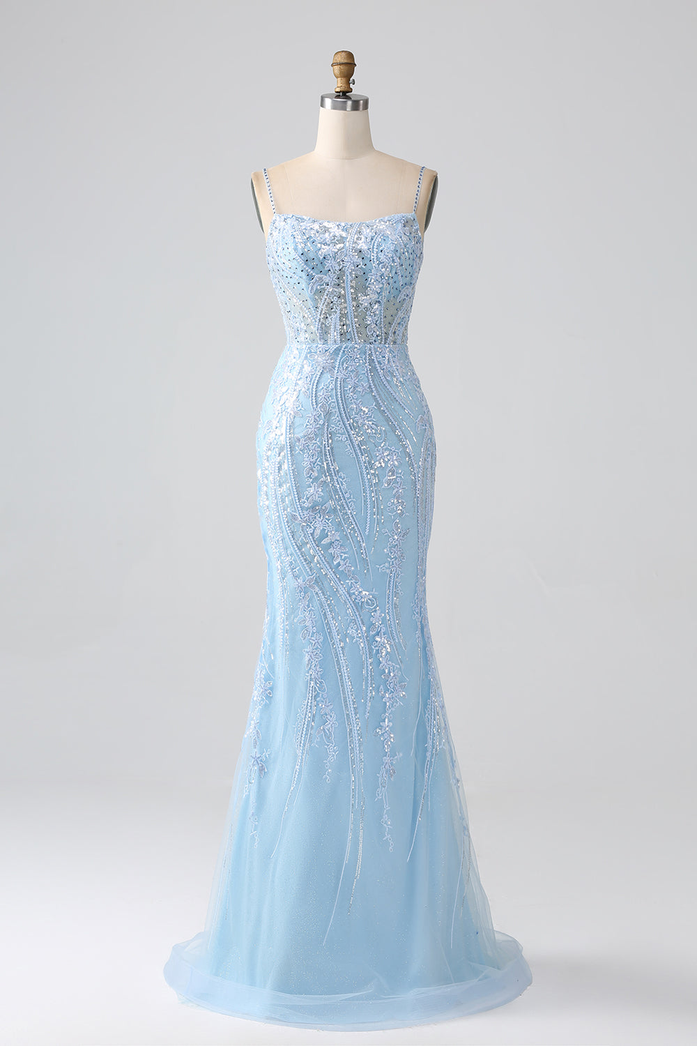 Luolandi Sparkly Sky Blue Mermaid Spaghetti Straps Corset Long Prom Dress With Sequins Beautiful