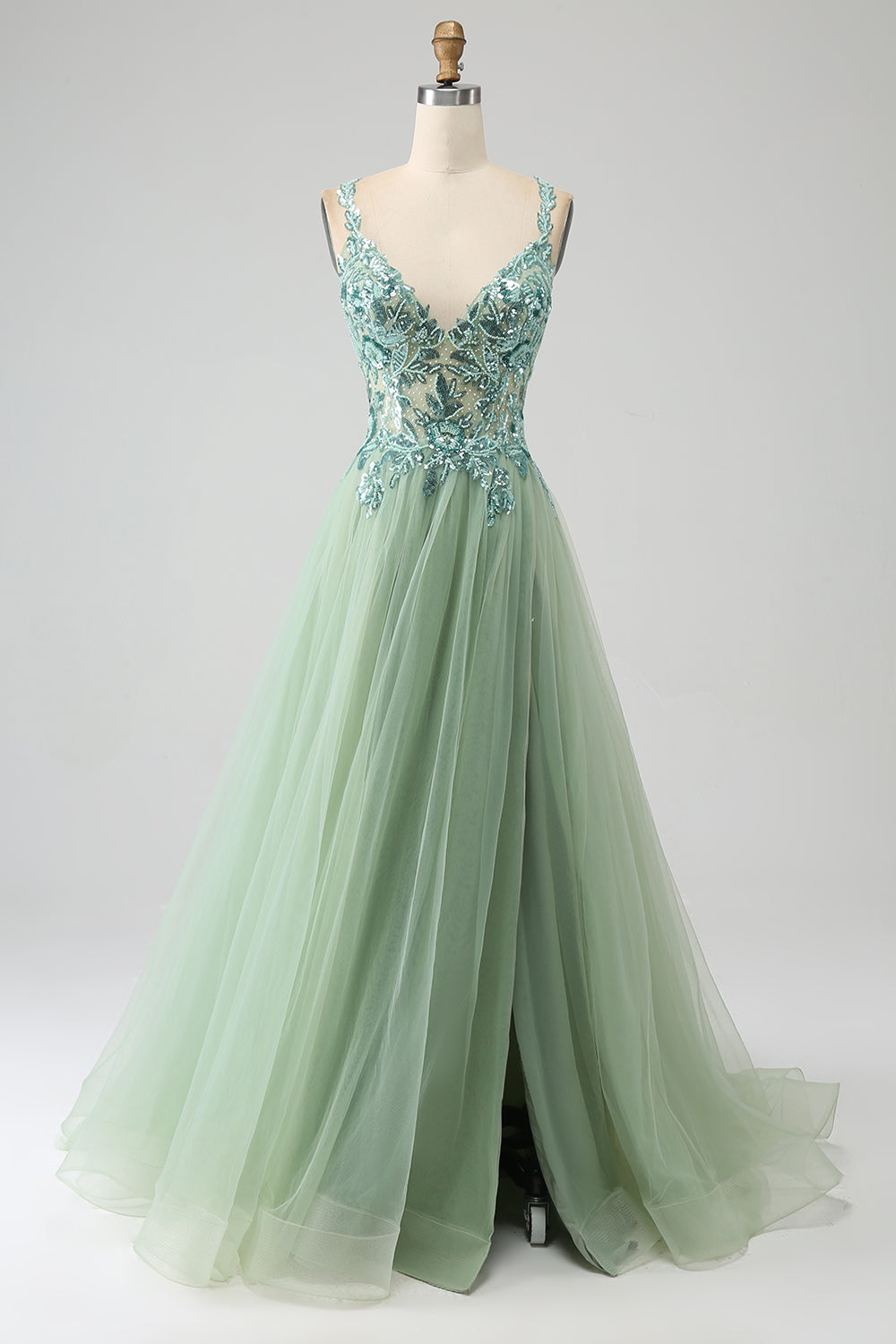 Luolandi Gorgeous Light Green A Line Spaghetti Straps Long Prom Dress with Appliques V-neck