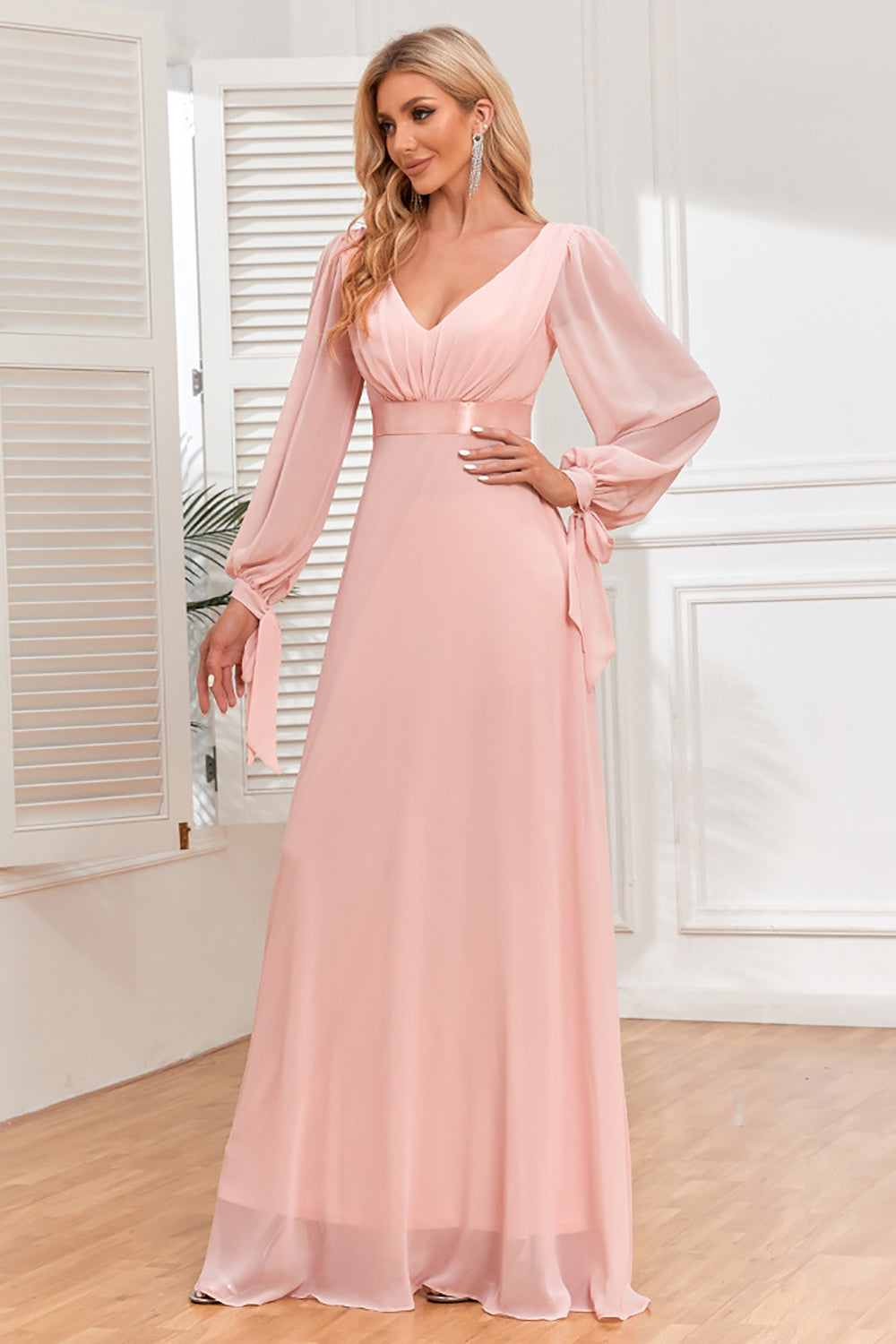Luolandi A-Line Chiffon V-Neck Evening Dress with Long Sleeves Party Dresses