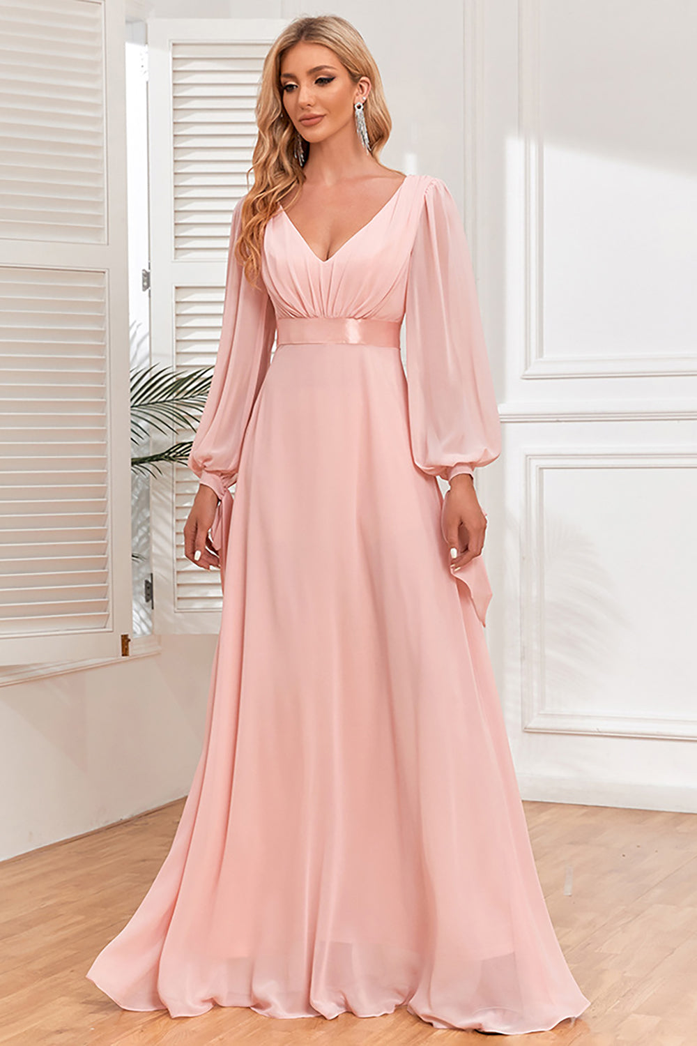 Luolandi A-Line Chiffon V-Neck Evening Dress with Long Sleeves Party Dresses