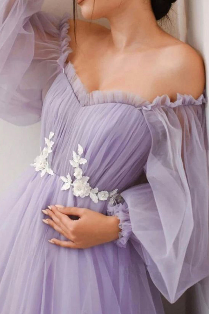 Luolandi Purple Tulle Lace Long Prom Dresses A-Line Evening Dresses Off Shoulder Party Dress