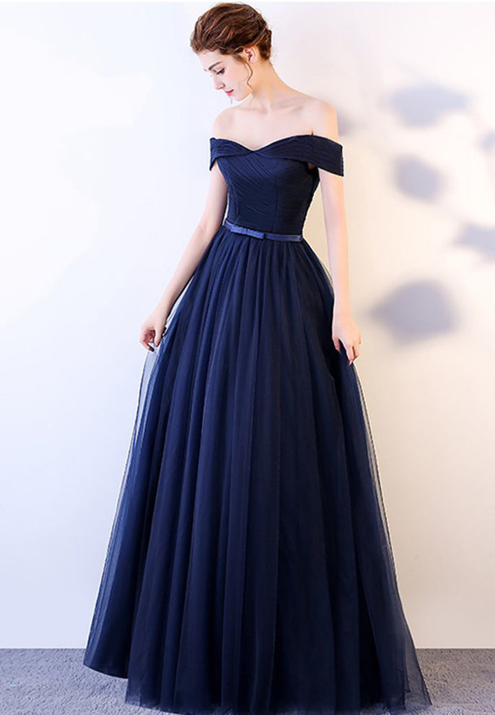 Luolandi Blue Tulle Long Prom Dresses A-Line Evening Dresses Off Shoulder Floor Length