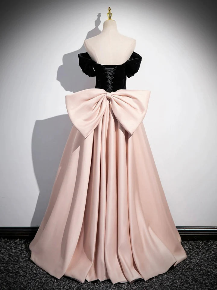 Luolandi Black Satin and Pink Satin Long Prom Dress Lovely A-Line Bow Party Evening Dress Floor Length