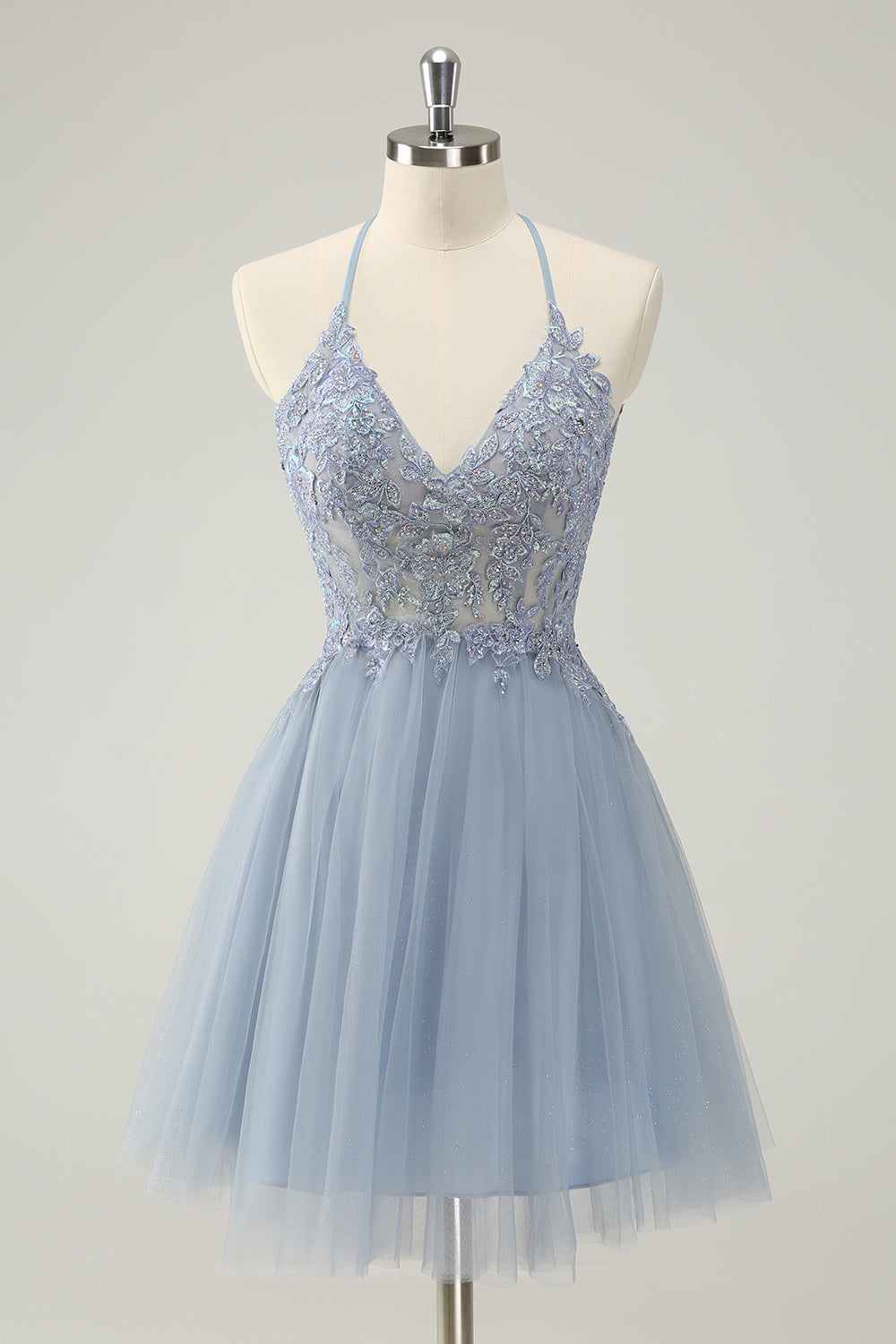 Luolandi Cute Dusty Blue A Line Spaghetti Straps Beaded Short Homecoming Dress with Appliques Sexy