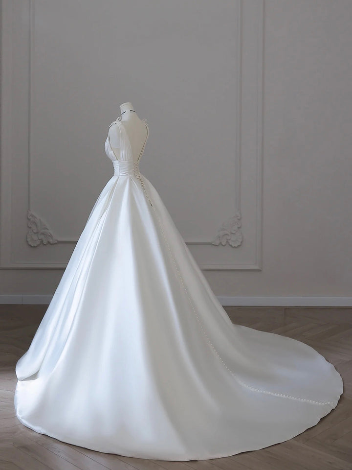 Luolandi V-Neck Satin Long Formal Dress Elegant A-Line Wedding Party Dress Beautiful