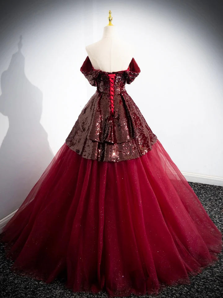 Luolandi Burgundy Tulle Sequins Floor Length Prom Dress Off the Shoulder Formal Evening Dress Sexy