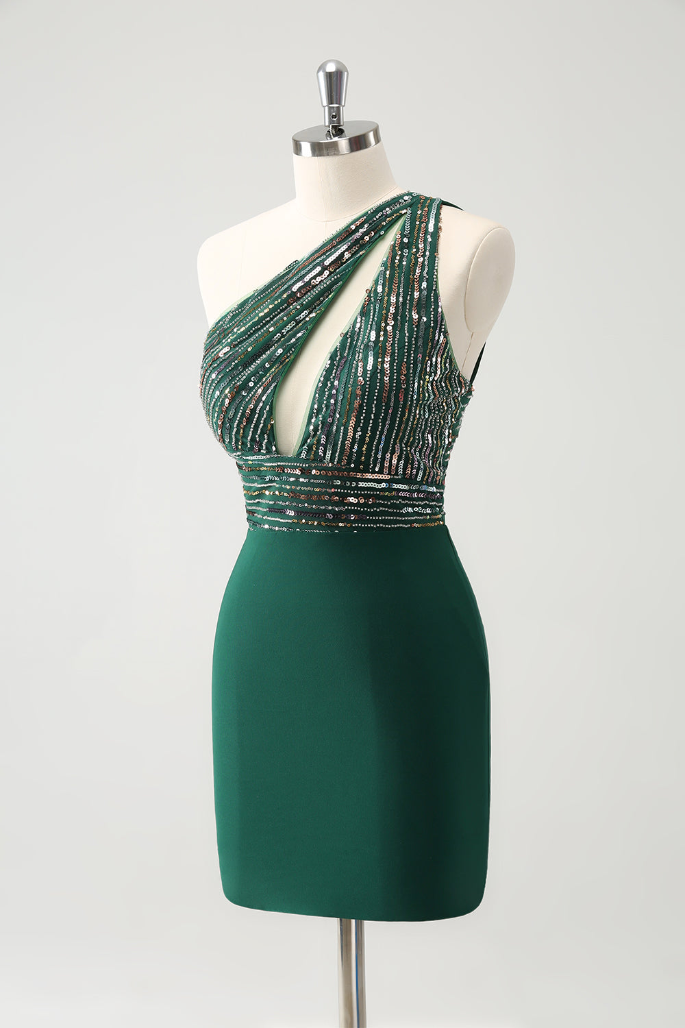 Luolandi Sparkly Dark Green Bodycon One Shoulder Pleated Short Homecoming Dress with Sequins Sexy