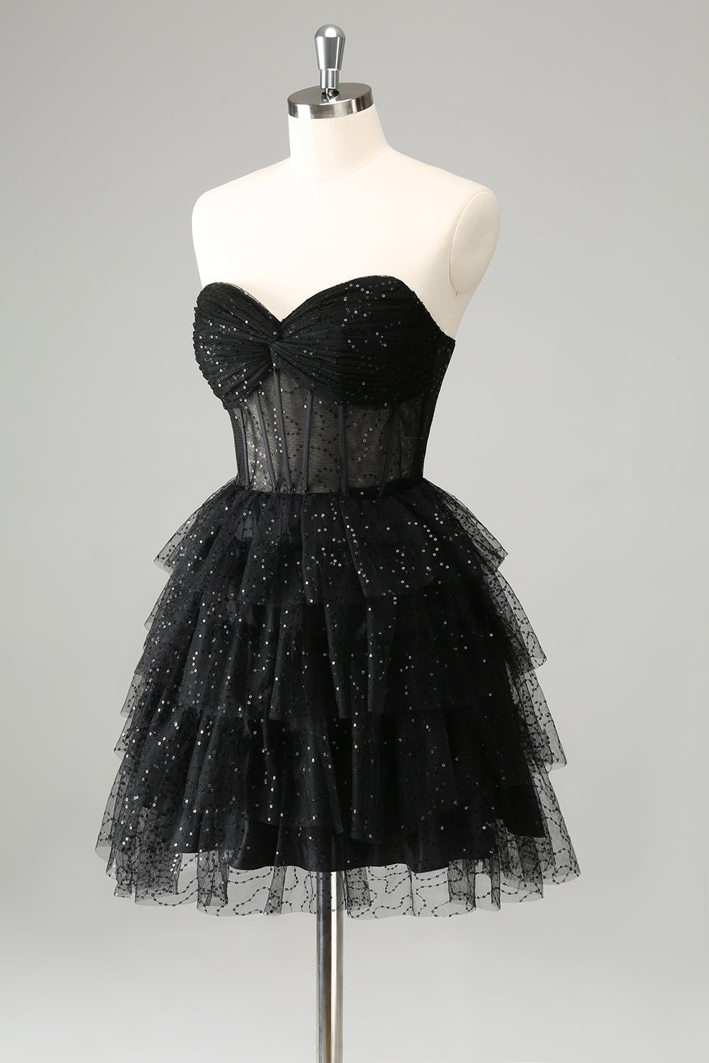 Luolandi Cute Sparkly Black A Line Sweetheart Pleated Corset Homecoming Dress with Sequins Sexy