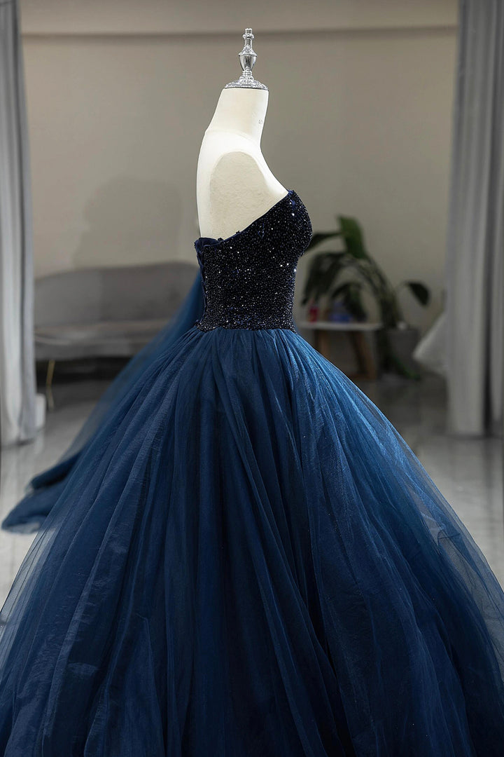 Luolandi Blue Strapless Tulle Beaded Long Prom Dress Beautiful A-Line Formal Evening Dress Sparkly