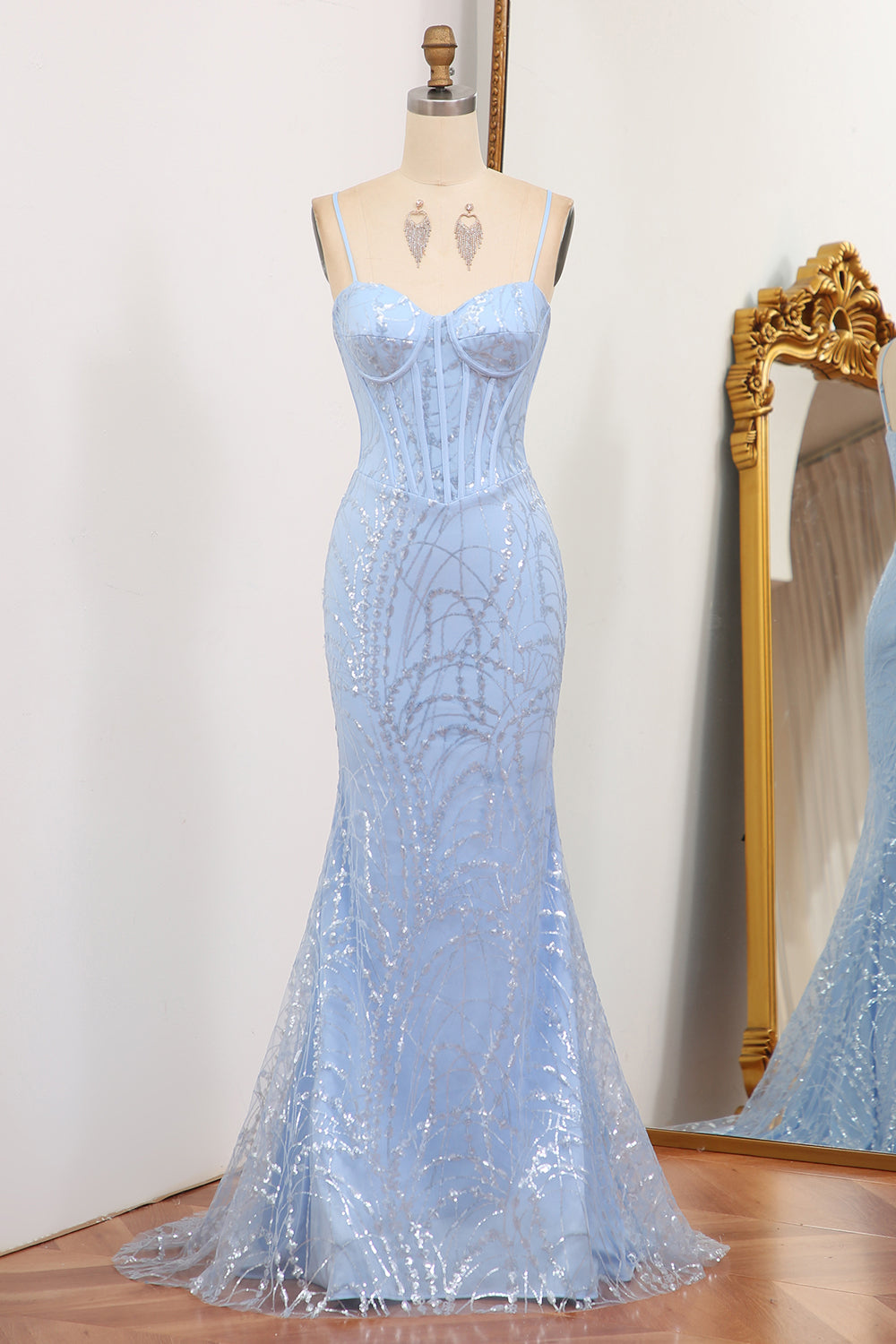 Luolandi Glitter Light Blue Mermaid Long Prom Dress With Sequined Appliques Sexy Evening Dresses