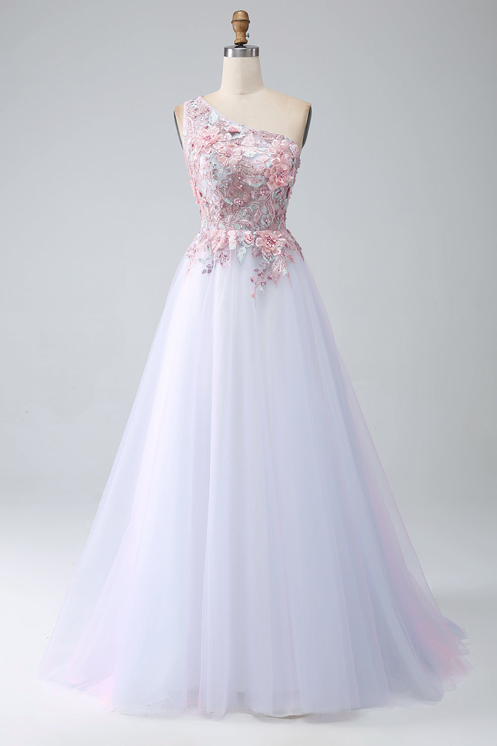 Luolandi A-Line One Shoulder Pink Prom Dress with Appliques Floor Length With Flowers