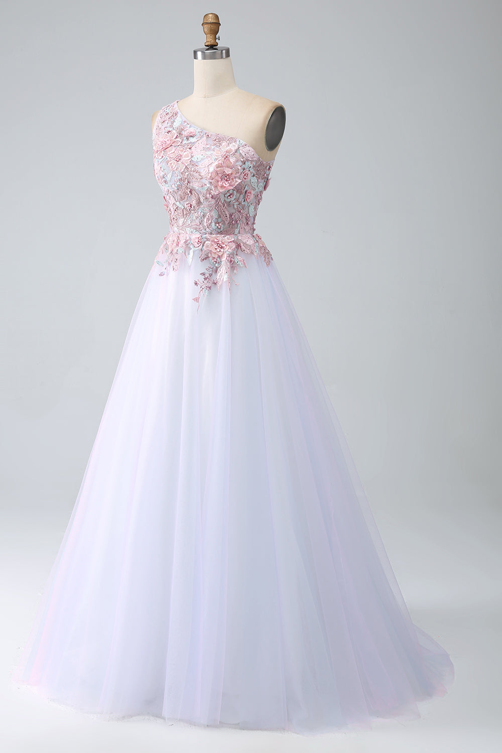 Luolandi A-Line One Shoulder Pink Prom Dress with Appliques Floor Length With Flowers