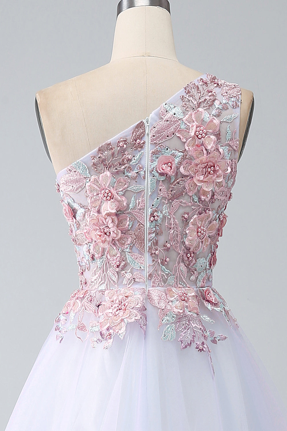 Luolandi A-Line One Shoulder Pink Prom Dress with Appliques Floor Length With Flowers