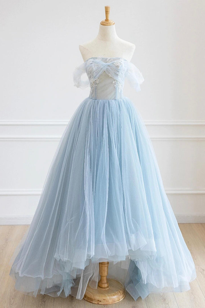 Luolandi High Low Blue Lace Floor Long Prom Dress Blue A-Line Off the Shoulder Party Dress Beautiful