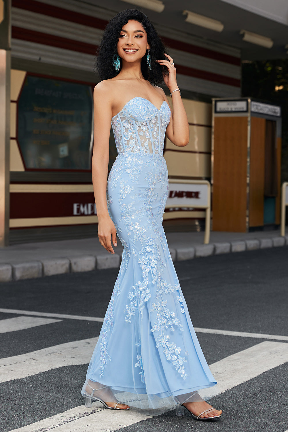 Luolandi Light Blue Stylish Mermaid Sweetheart Corset Prom Dress with Appliques Off Shoulder