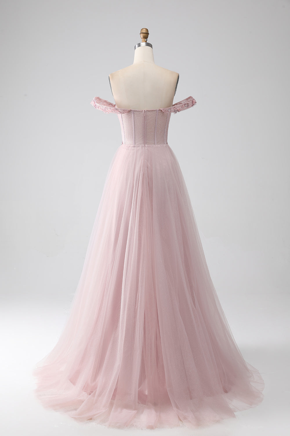Luolandi Blush A Line Off the Shoulder Sequin Beaded Corset Prom Dress with Slit Beautiful