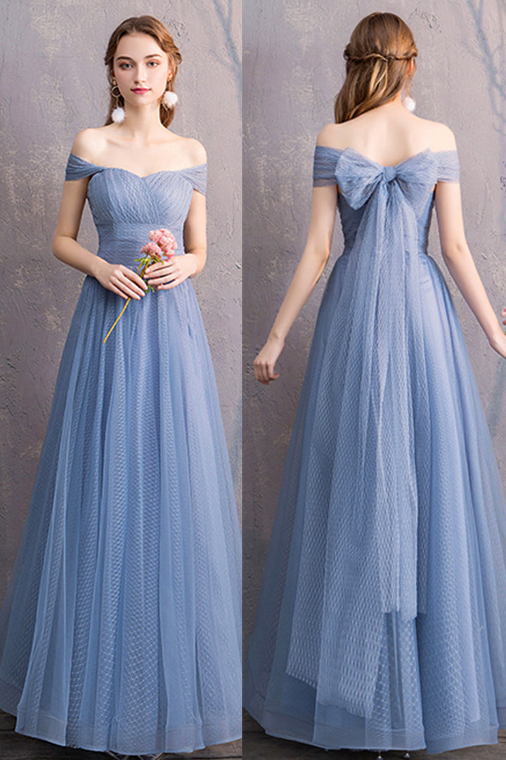 Luolandi Blue Tulle Long Prom Dresses, A-Line Bridesmaid Dresses Floor Length
