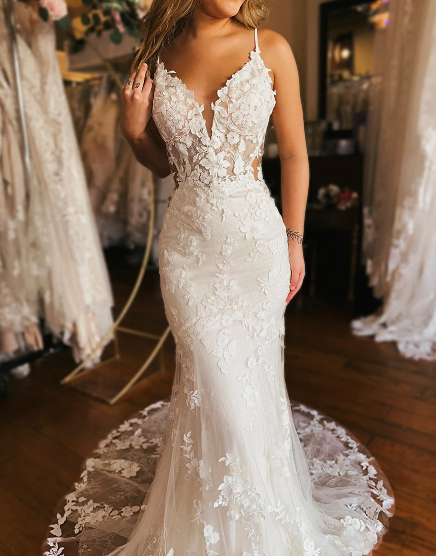 Luolandi Ivory Gorgeous Applique Sheath Mermaid Floor Length Wedding Dress V-neck Beautiful