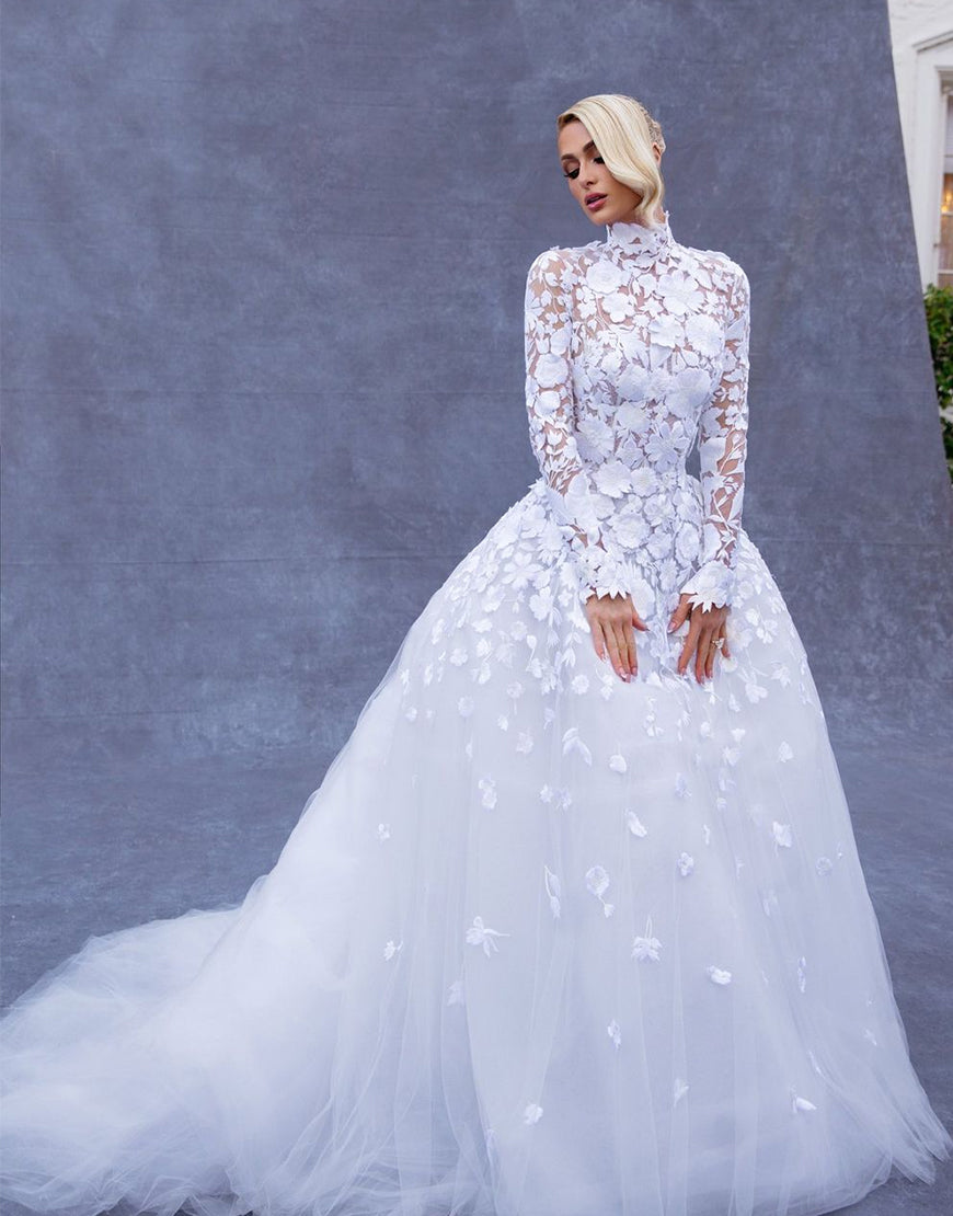 Luolandi High Neck Long Sleeves Paris Hilton Wedding Dress Beautiful Without Headscarf