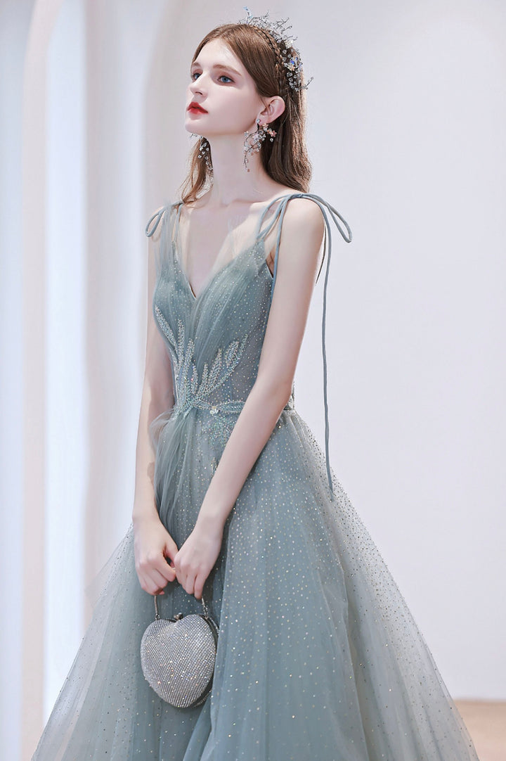 Luolandi A-Line Tulle Long Prom Dress Lovely V-Neck Formal Dress Evening Dress