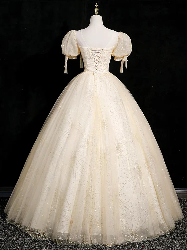 Luolandi Champagne Tulle Floor Length Prom Dress Cute Short Sleeve Evening Party Dress Beautiful