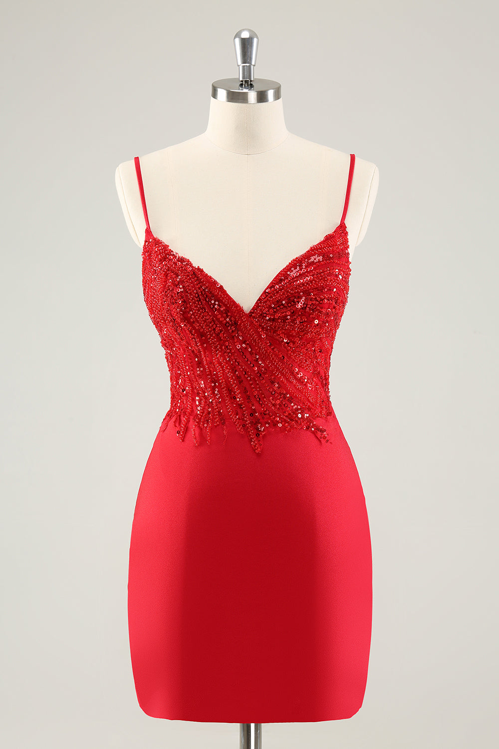 Luolandi Gorgeous Red Bodycon Spaghetti Straps Short Homecoming Dress with Sequins Sexy