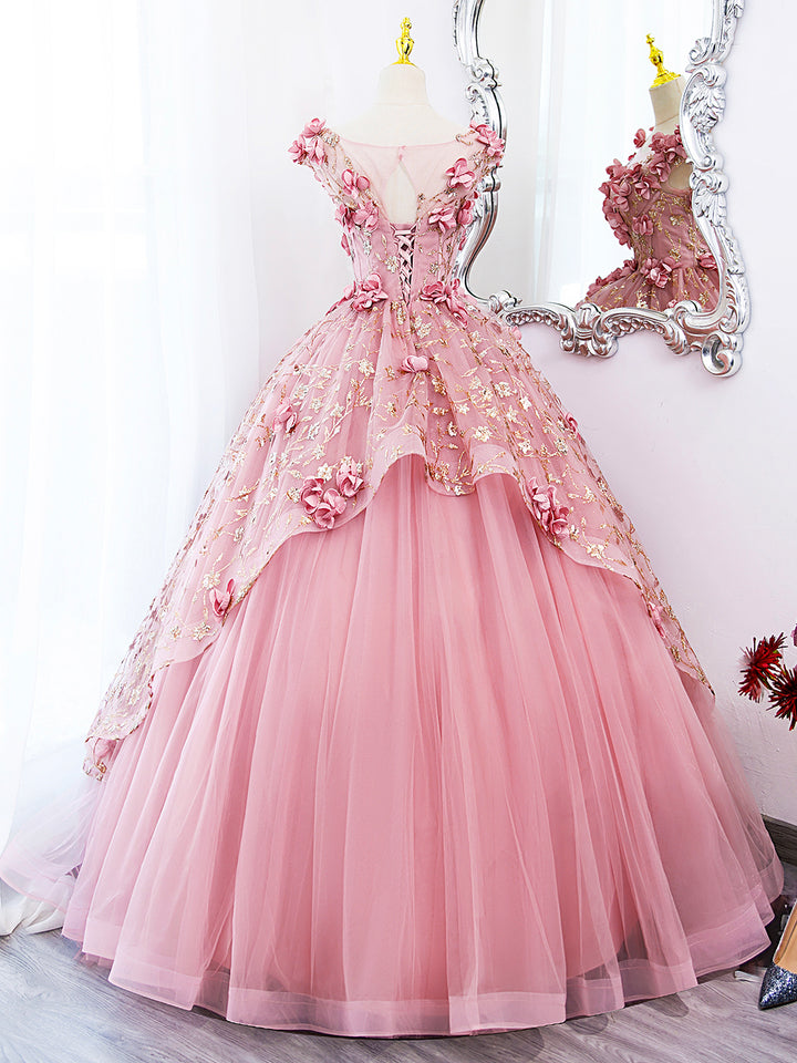 Luolandi Pink Tulle Long Prom Dress with Flowers Beautiful A-Line Sweet 16 Dress Floor Length