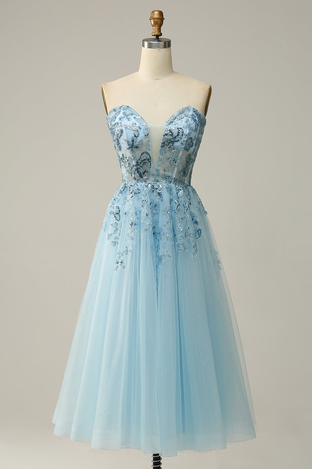 Luolandi Sky Blue A Line Sweetheart Midi Sequins Wedding Party Dress Homecoming Dresses