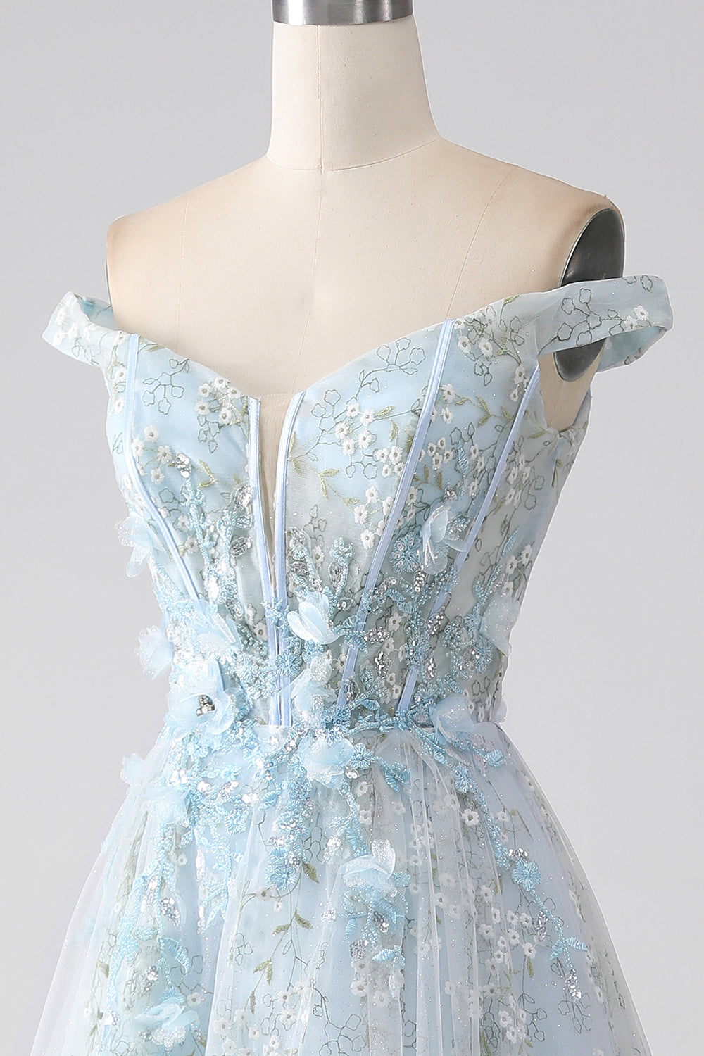Luolandi Light Blue A-Line Off the Shoulder Long Corset Prom Dress With Appliques Beautiful