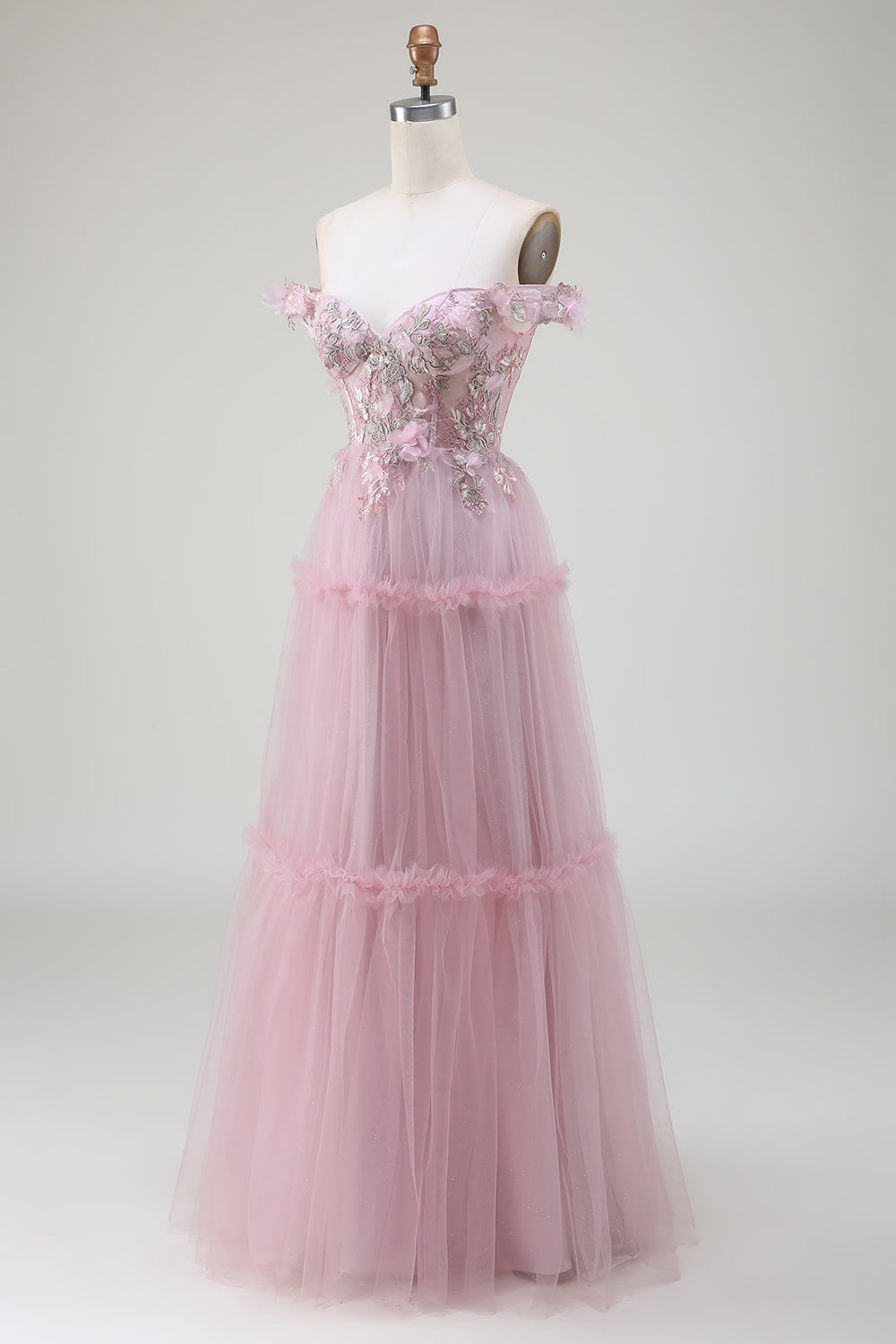 Luolandi Blush A-Line Off the Shoulder Tulle Long Prom Dress with Appliques Beautiful